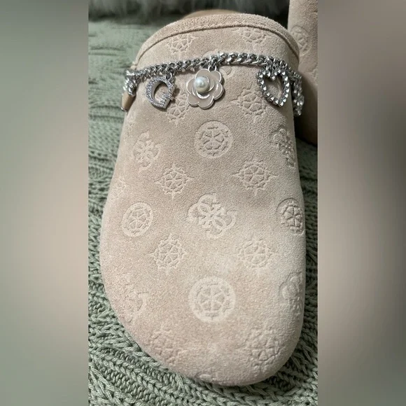 Guess Beige Suede Charm-Embellished Slip-On Mules - Picture 3 of 7